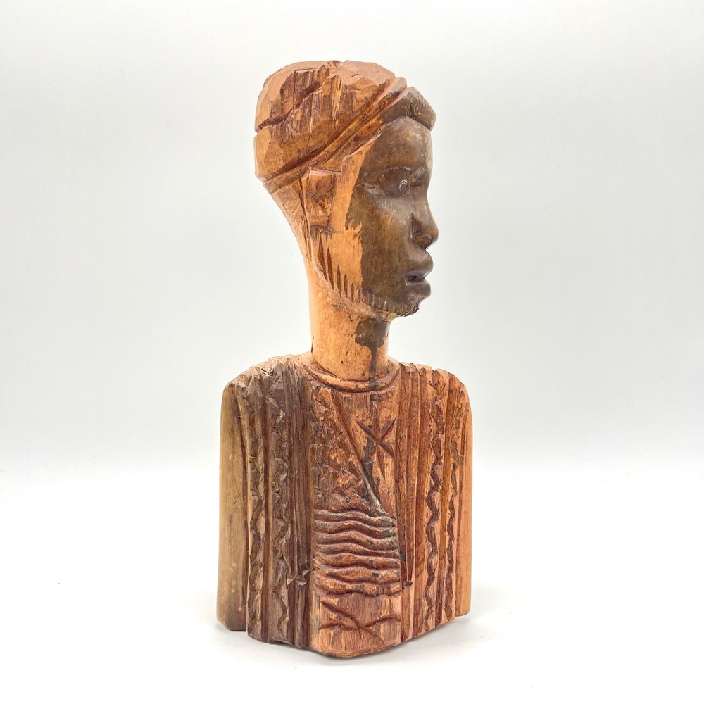Vintage Hand Carved Aftican Wood Bust Statue Folk Art Sculpture Decor‎